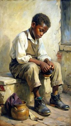 a painting of a young boy sitting on a step next to some shoes and pots