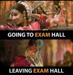 two pictures with words that say going to exam hall, leaving exam hall and going to exam hall