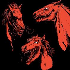 three red horses with their heads turned to look like they're in the dark