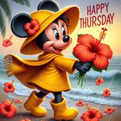 a cartoon mickey mouse wearing yellow raincoat and hat holding a red flower on the beach