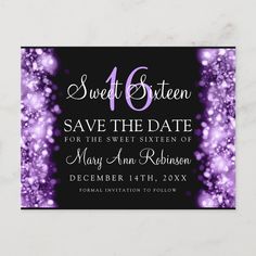 save the date card with purple sparkles on black and white paper, which reads sweet sixteen