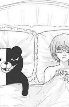 a black and white drawing of a person laying in bed with a teddy bear next to them