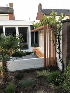 an outdoor area with plants and trees in front of a house that has a wooden bench on the side