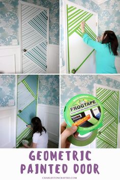 a girl is painting the wall with green paint