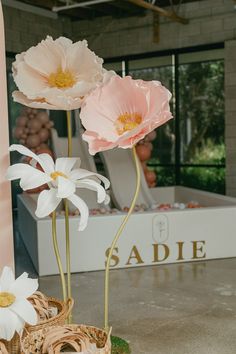 three pink and white flowers sitting in front of a bath tub