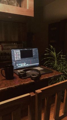 a laptop computer sitting on top of a wooden counter next to a plant and potted plant