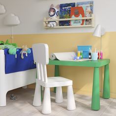 a child's desk and chair in a children's room with yellow walls