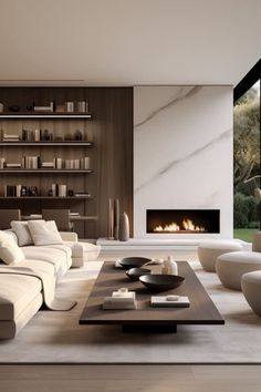 modern living room with white furniture and fireplace