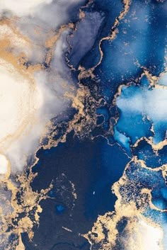 an abstract painting with blue, gold and white colors