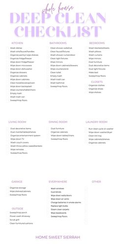 Discover the ultimate home cleaning checklist with our free printable guide! This comprehensive list covers every room, providing you with weekly and monthly tasks to keep your home sparkling clean. Perfect for staying organized and ensuring no corner is left untouched. Cleaning And Organizing List, Move In Cleaning Checklist New Home, First Apartment Cleaning Checklist, Cleaning Supplies For First Apartment, How To Clean Your Living Room, Cleaning For Guests Checklist, Cleaning List Aesthetic, Deep Cleaning Apartment Checklist, Bedroom Makeover Checklist