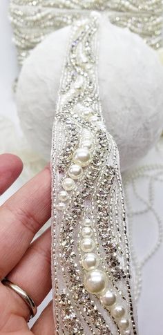 Pearl Rhinestone Trim Pearl Beaded Trim Wedding Dress Trim | Etsy Embellished Crystal Bridal Belt In Silver, Elegant Bedazzled Silver Bridal Accessories, Elegant Silver Bedazzled Bridal Accessories, White Crystal Bridal Belt With Rhinestones, Fitted Silver Crystal Bridal Belt, Silver Bedazzled Bridal Belt For Wedding, White Crystal Bridal Accessories With Rhinestones, Silver Embellished Bridal Belt For Wedding, White Rhinestone Bridal Belt For Party