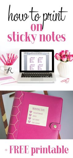 a pink binder sitting on top of a desk next to a laptop and flowers