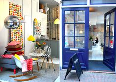 the inside and outside of a store with furniture on display in front of it, including a blue phone booth