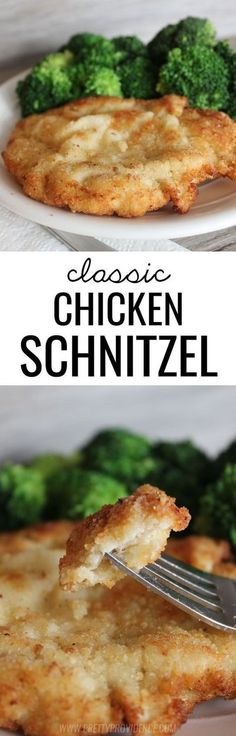 chicken schnitzel with broccoli on a white plate and the words classic chicken schnitzel above it