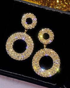 Elluis - Exquisite Rhinestone Circle Dangle Earrings - Set of 2 Glamorous Round Crystal Earrings With Rhinestones, Glamorous Round Crystal Rhinestone Earrings, Dazzling Round Crystal Earrings For Evening, Party Round Crystal Earrings, Gold Crystal Earrings With Bling, Gold Sparkling Round Crystal Earrings, Gold Crystal Hoop Earrings With Rhinestones, Sparkling Metal Crystal Round Earrings, Sparkling Stones Crystal Earrings For Party