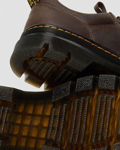 Reeder Crazy Horse Leather Utility Shoes in Dark Brown | Dr. Martens Utility Shoes, Brown Dr Martens, Birkenstock Styles, Hiker Style, Visible Stitching, Yellow Heels, Shoe Brushes, Sheepskin Boots, Shoe Company