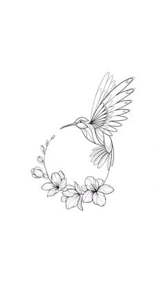 a black and white drawing of a hummingbird with flowers around it's neck