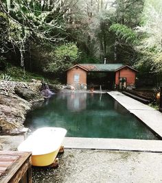 a small pool surrounded by trees with a boat in the water and a shed behind it