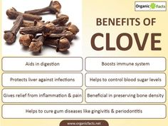 Cloves offer many health benefits, some of which include aid in digestion, antimicrobial properties, fight against cancer, protection of liver, boosting of immune system, diabetes control, bone preservation, anti-mutagenic properties, fight against oral diseases, headaches and aphrodisiac properties. Cloves are a popular flavouring agents used in a variety of ways across the world and particularly in Asia. Cloves form the culinary base in different Asian cuisines. Food Health Benefits, Healthy Liver, Healing Food, Natural Health Remedies, Chicken Curry