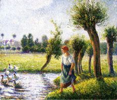 a painting of a woman standing next to a river with ducks in the water and trees