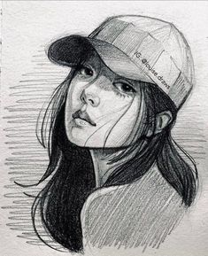 a pencil drawing of a girl wearing a baseball cap with the words, i love you