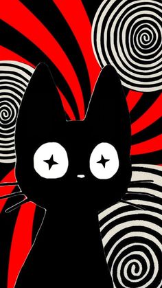 a black cat sitting in front of a red and white swirl background with stars on it