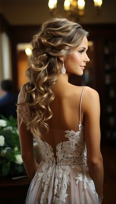 coiffure Wedding Hair For Bride Half Up, Dark Brown Wedding Hair, Romantic Bridesmaid Hair, Wedding Hair Waves, Brown Wedding Hair, Hair Dos For Wedding, Curled Wedding Hair, Salon Pics, Bride Hairstyles Updo