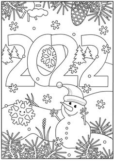 a coloring page for the new year with snowflakes and christmas decorations on it