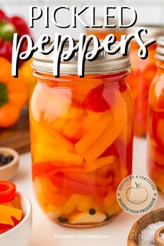 pickled peppers in a mason jar with salt and pepper on the side for garnish