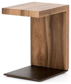 an end table made out of wood with a square shaped top and wooden shelf on the bottom