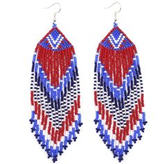 Handmade Beaded Red White and Blue Patriotic Flag Multi-color Earrings. Size 11/0 Czech beads are used to bring out the details. Total Length including Ear wire is 4.5 inch Width is 1.5 inch Ear wires are Silver polished and Hypoallergenic. Good for sensitive skin Red Beaded Earrings With Dangling Beads For Beach, Red Beaded Earrings For Beach, Multicolor Earrings, Color Earrings, Handmade Earrings Beaded, Patriotic Flag, Native Style, Handcrafted Artisan Jewelry, Beaded Accessories