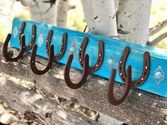 several horseshoes hang on a blue wooden board with metal hooks attached to the boards