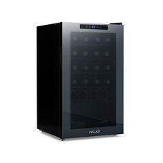 the wine cooler is black and has many bottles in it's glass door compartment