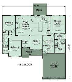 the first floor plan for a home with two car garages and an additional living area