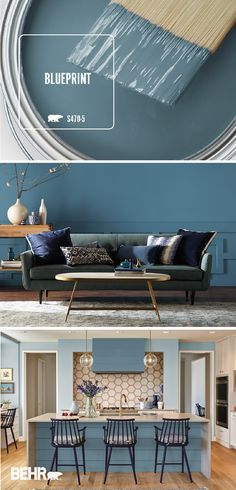 three different pictures with blue paint on the walls and in the ceiling, there is a couch