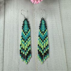 Handmade Seed Bead Beaded Earrings Turquoise Native American Style 3.5” Long These Beautiful Handmade Seed Bead Beaded Earrings Are Approximately 3.5 Inches Long Including Ear Hook. They Are 5/8 Of An Inch Wide. Ear Hook In Photo Is 925 Sterling Silver But Can Be Substituted With 316l Surgical Stainless Steel Ear Hooks. Turquoise Earrings With Beaded Chain And Round Beads, Turquoise Beaded Beads For Crafting, Turquoise Beaded Earrings With Beaded Chain, Turquoise Beaded Earrings With Black Beads As Gift, Turquoise Beaded Chain Earrings As A Gift, Turquoise Beaded Earrings With Round Beads, Turquoise Beaded Chain Earrings For Gift, Cheap Southwestern Style Blue Beaded Earrings, Turquoise Earrings With Beaded Chain