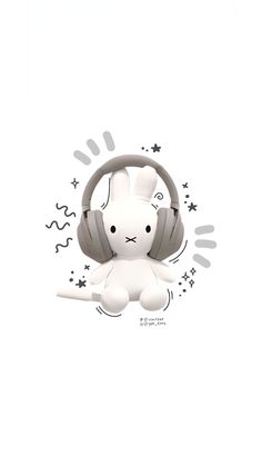 a white rabbit with headphones on its ears