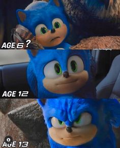 sonic the hedgehog and other cartoon characters with caption that reads, age e? age 72 age 73 age 73