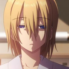 an anime character with blonde hair and blue eyes looking at the camera while staring straight ahead