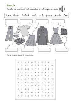 an image of clothes that are being displayed in the language of spanish and english words