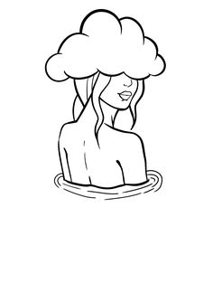 a black and white drawing of a woman floating in the water with a cloud above her head