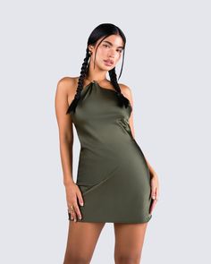 This olive green mini is serving major luxe vibes 💚 Elevate your style with this satin stunner complete with gold chain straps - the perfect look for showing up and showing out 😍 Green Satin Mini Dress, White Corset Dress, Yellow Mini Dress, Rhinestone Top, Mesh Maxi Dress, White Corset, Sequin Mini Skirts, Satin Mini Dress, Pink Sequin