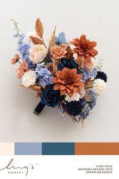 a bridal bouquet with blue, orange and white flowers is featured in this brochure