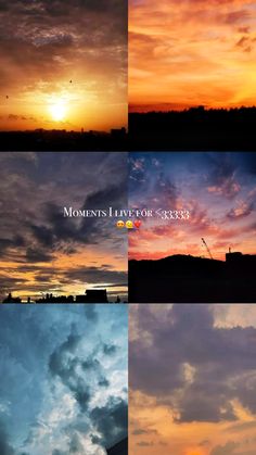 four different sunsets with clouds in the sky