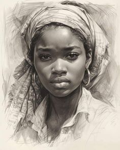 a black and white drawing of a woman with a headscarf on her head