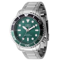 This impressive Invicta Pro Diver watch features a precise Quartz movement as well as a steel case. Its green, brass dial is enclosed by a highly protective Flame Fusion Crystal. This watch is finished by a strong steel, band, and it offers 30 m water resistance. Plunge into any horizon using the steadfast guidance of the Invicta Pro Diver. Stylishly classic, internal workings are forged with variations of bold movements. Built with confident prowess, the fortitude with which these timepieces fu Invicta Pro Diver, Diver Watch, Invicta Watches, Buy Watches, Present Day, Men's Watch, Diver, Quartz Movement, Accessories Watches