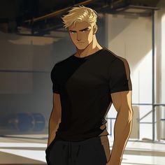 a man with blonde hair and black shirt standing in front of a building looking at the camera