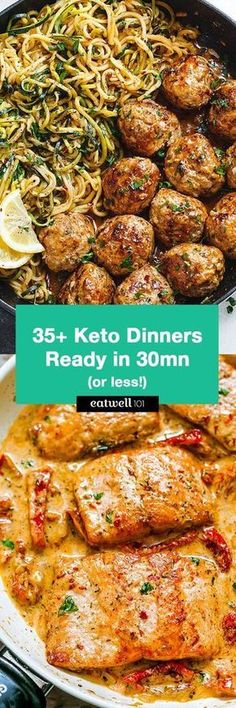 the meal is prepared and ready to be eaten with text overlay that reads, 5 + keto dinners ready in 10 minutes