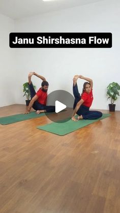 two people are doing yoga on mats in the middle of a room with plants and potted