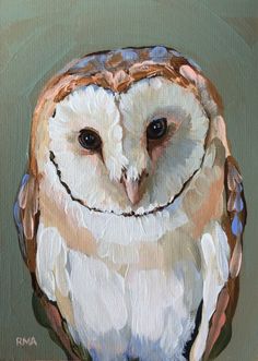 an owl painting on a green background with white and brown feathers, eyes wide open